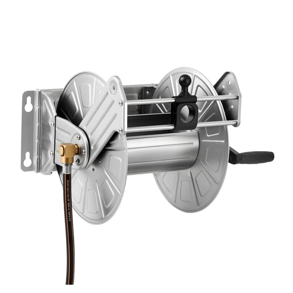 Garden Hose Reel Wall Mounted - 150ft 5/8in Hose Holder Stainless Steel Winder - Heavy Duty Manual Reel with Brass Fittings - Space Saving for Yard Lawn Garage