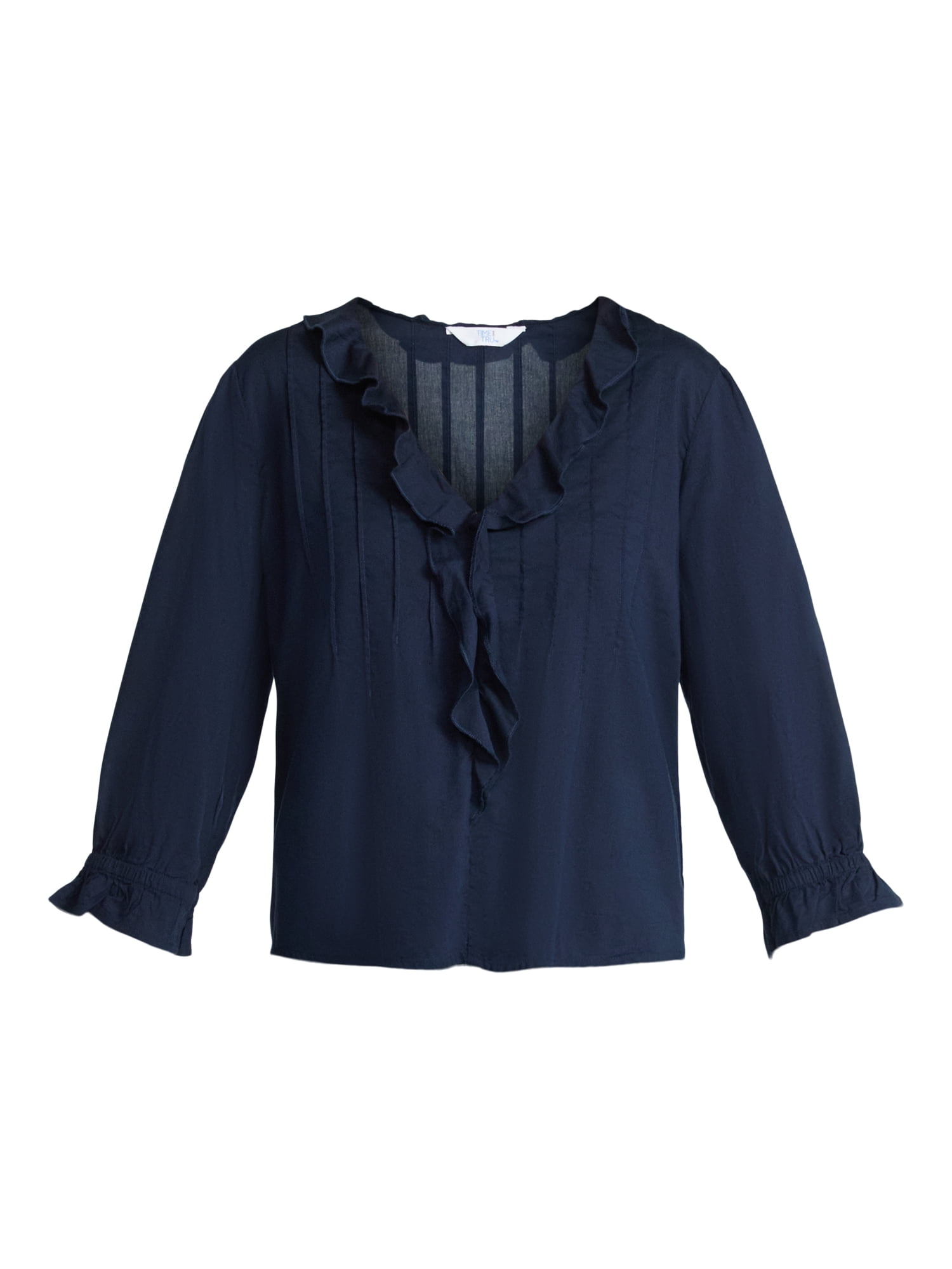 Time and Tru Women's Ruffle Neck Blouse with 3/4-Length Sleeves, Sizes XS-XXXL