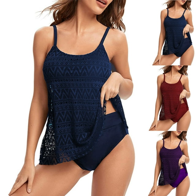 UPPADA Womens Two Piece Tankini Set Solid Spaghetti Straps Swimsuits with Brief Tummy Control Modest Bathing Suits Full Coverage 2 Piece Beachwear Plus Size Swim Suits for Women Dark Blue,S