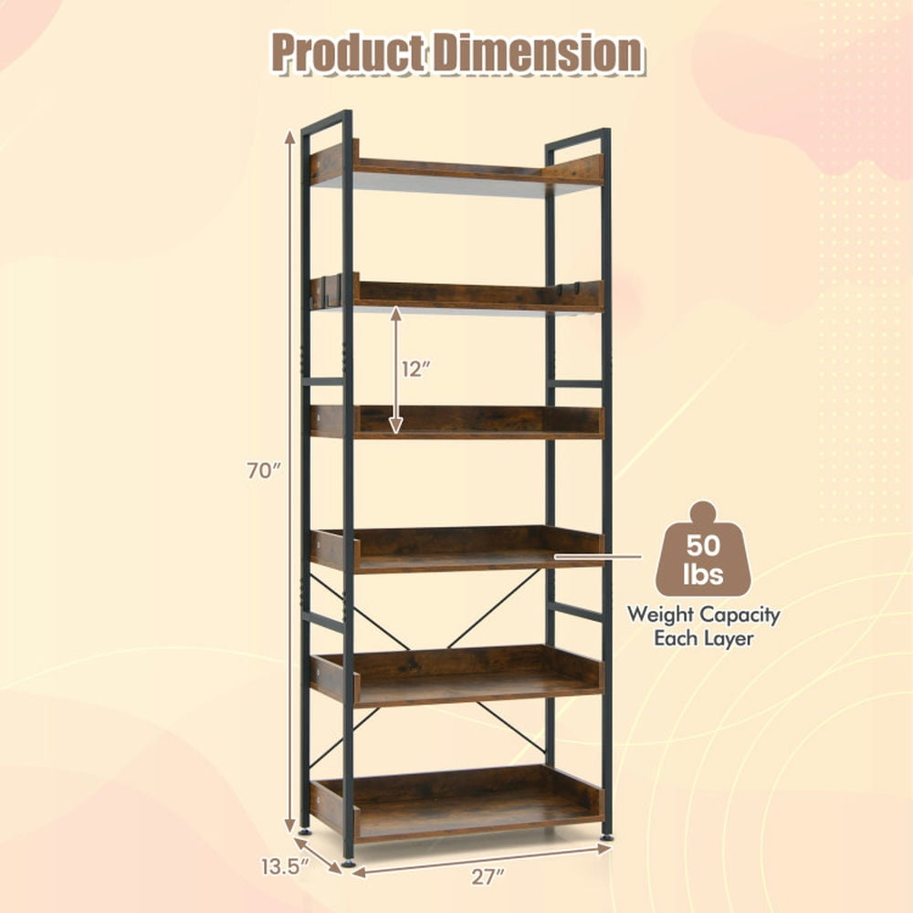 Demi Bonn 6-Tier Tall Industrial Bookshelf, Bookcase with Open Shelves and 4 Hooks, Brown