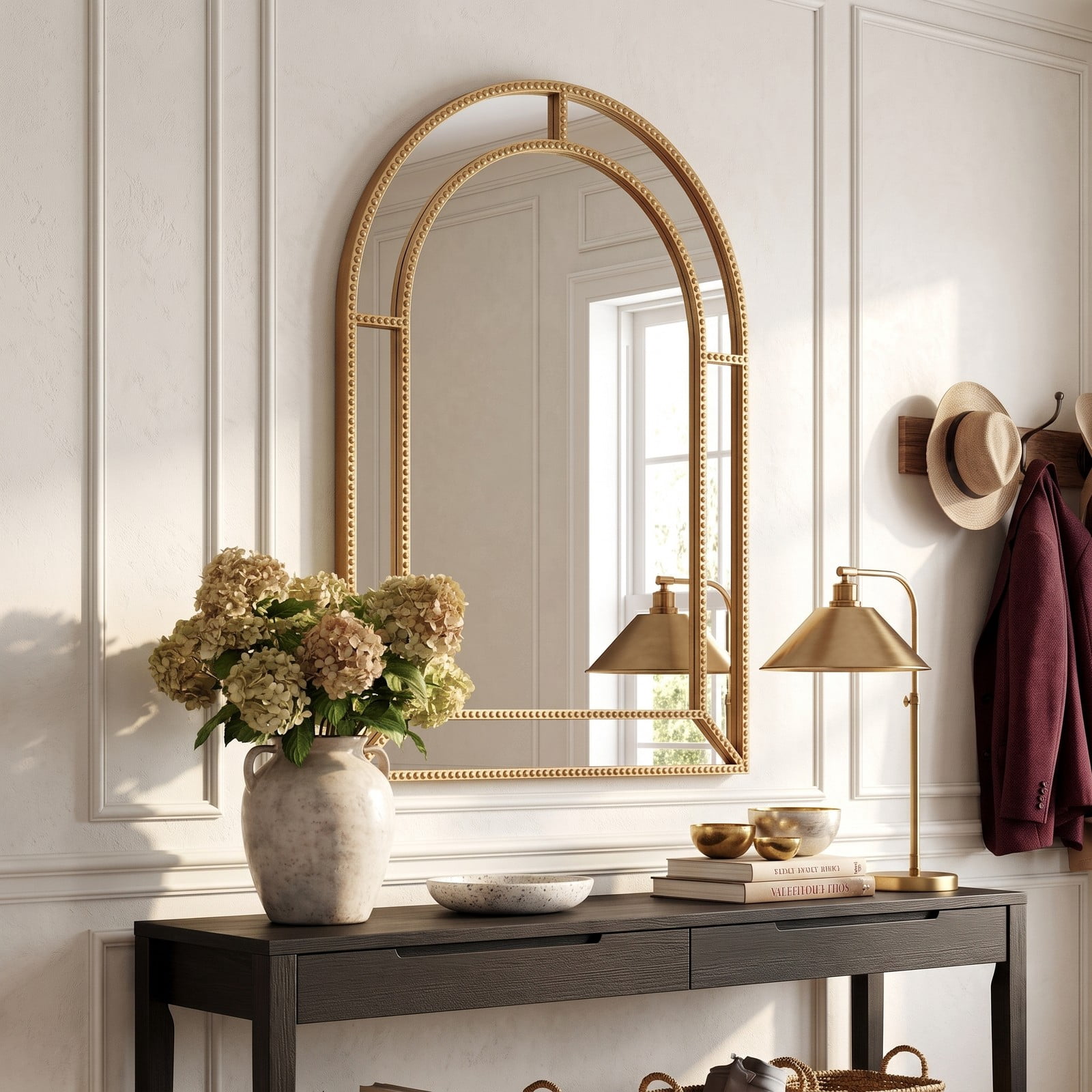 ALPULON 36 x 24 Inch Rectangular Decorative Wall Mirror with Gold Beaded Metal Frame for Living Room Bedroom Entryway Bathroom Vanity Accent Wall Decor, Gold