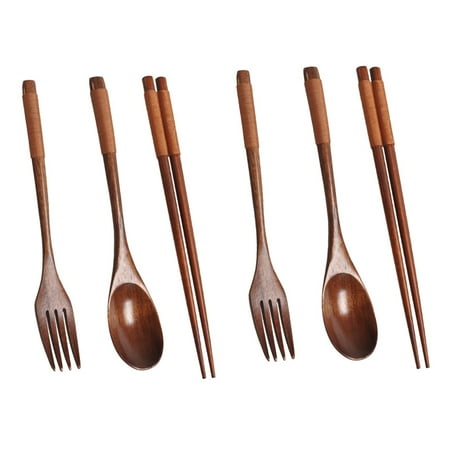 

2X Wooden Flatware Set Wooden Portable Set Spoon Fork Chopsticks Tableware Dinnerware with Khaki Twining Thread