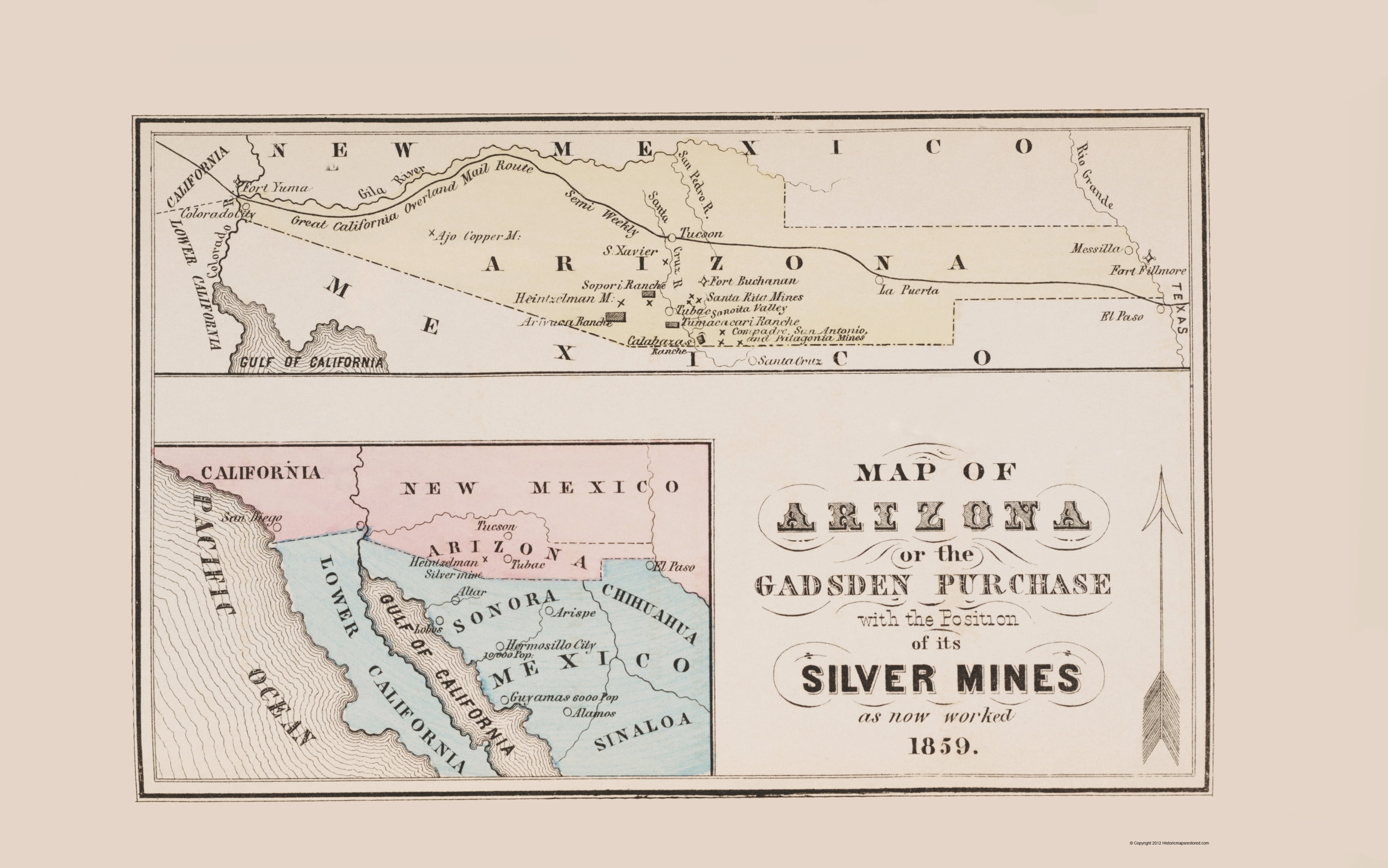 Mine Map Arizona Gadsden Purchase Silver Mines Roskruge 1859 23.