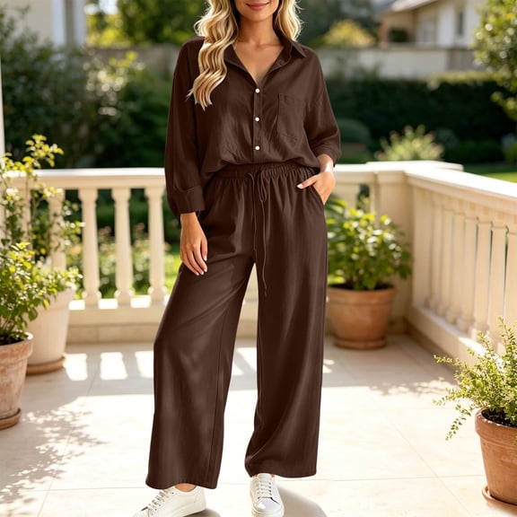 BRELIL Women's Two Piece Outfits Sets Collared Long Sleeve Shirt Wide Leg Pants Casual Lounge Matching Set Solid Boho Vacation Travel Tracksuit, Coffee M