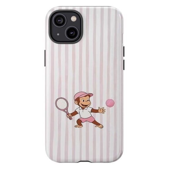 Curious Monkey Tennis Phone Case, Pink & White Stripe Cartoon Monkey Cover for iPhone 17 16 15 14 13 12 11 Pro Plus Mini