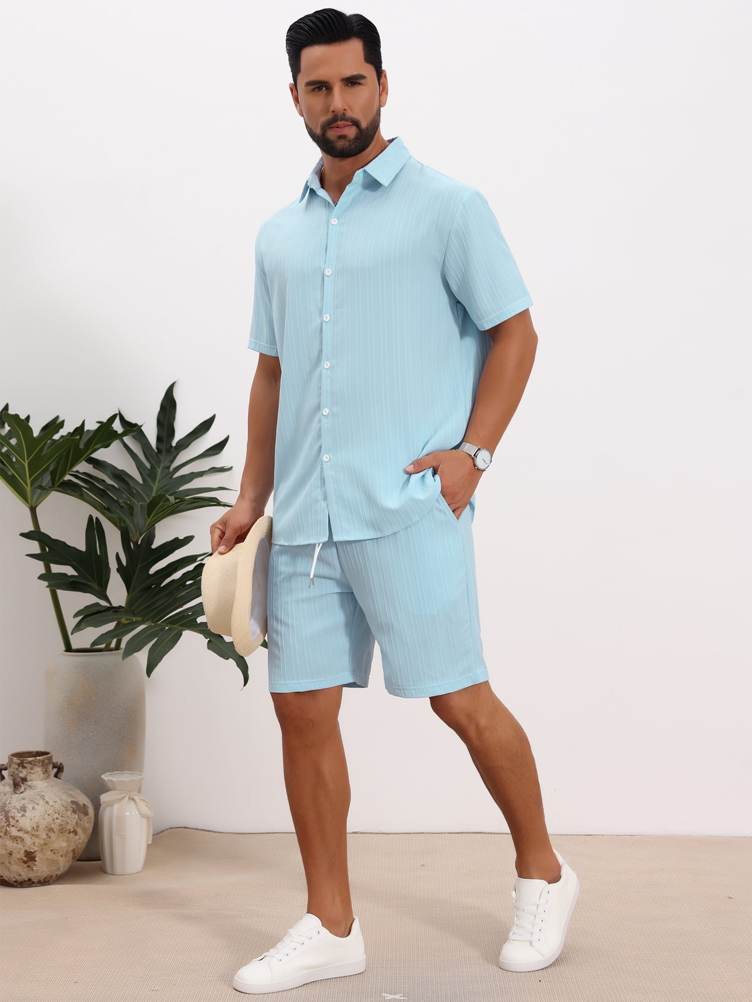 DARING DIVA Men's 2 Pieces Beach Shirt & Shorts Striped Textured Outfits L Light Blue