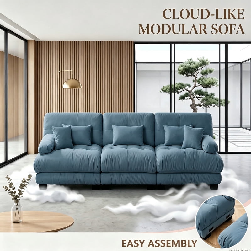 ANPPORT Cloud Couch Sleeper Sofa, Chenille Blue 3-Seater Modular Sofa, 3 Lumbar pillows, 2 Pillows, Comfy Deep Seat Cloud Sofa, Convertible L-Shaped Floor Couch for Living Room