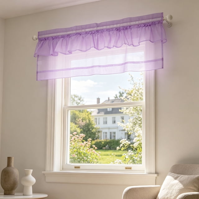 Lavender Purple Sheer Ruffled Window Valance, Rod Pocket Light Filtering Curtain Topper, Sheer Voile Window Treatment for Living Room Bedroom Kitchen Nursery