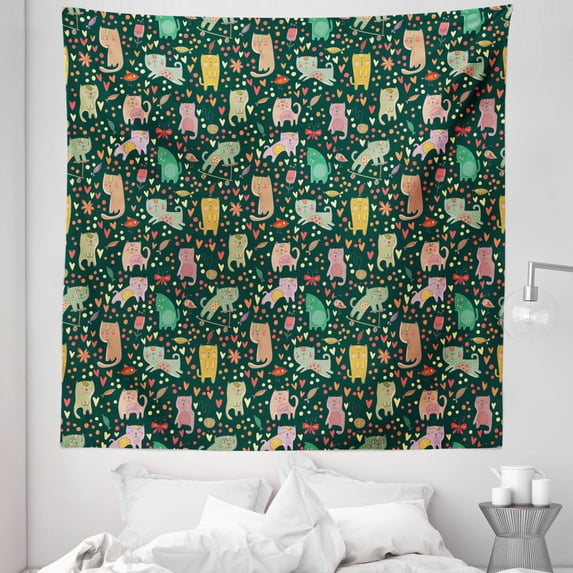 Cat Tapestry, Cartoon Style Feline Pattern on a Hearts Dots and Fish Background Animal Theme, Fabric Wall Hanging Decor for Bedroom Living Room Dorm, 5 Sizes, Multicolor, by Ambesonne