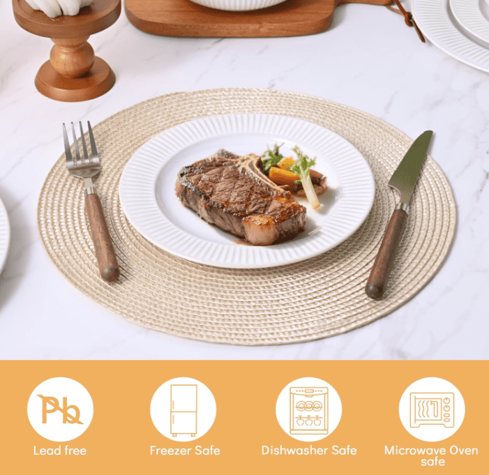 BVIEAKD 12 Piece Embossed Ceramic Dinnerware Sets for 4, Striped Plates and Bowls Sets, Dishwasher & Microwave Safe Dishes Set for Kitchen and Dining