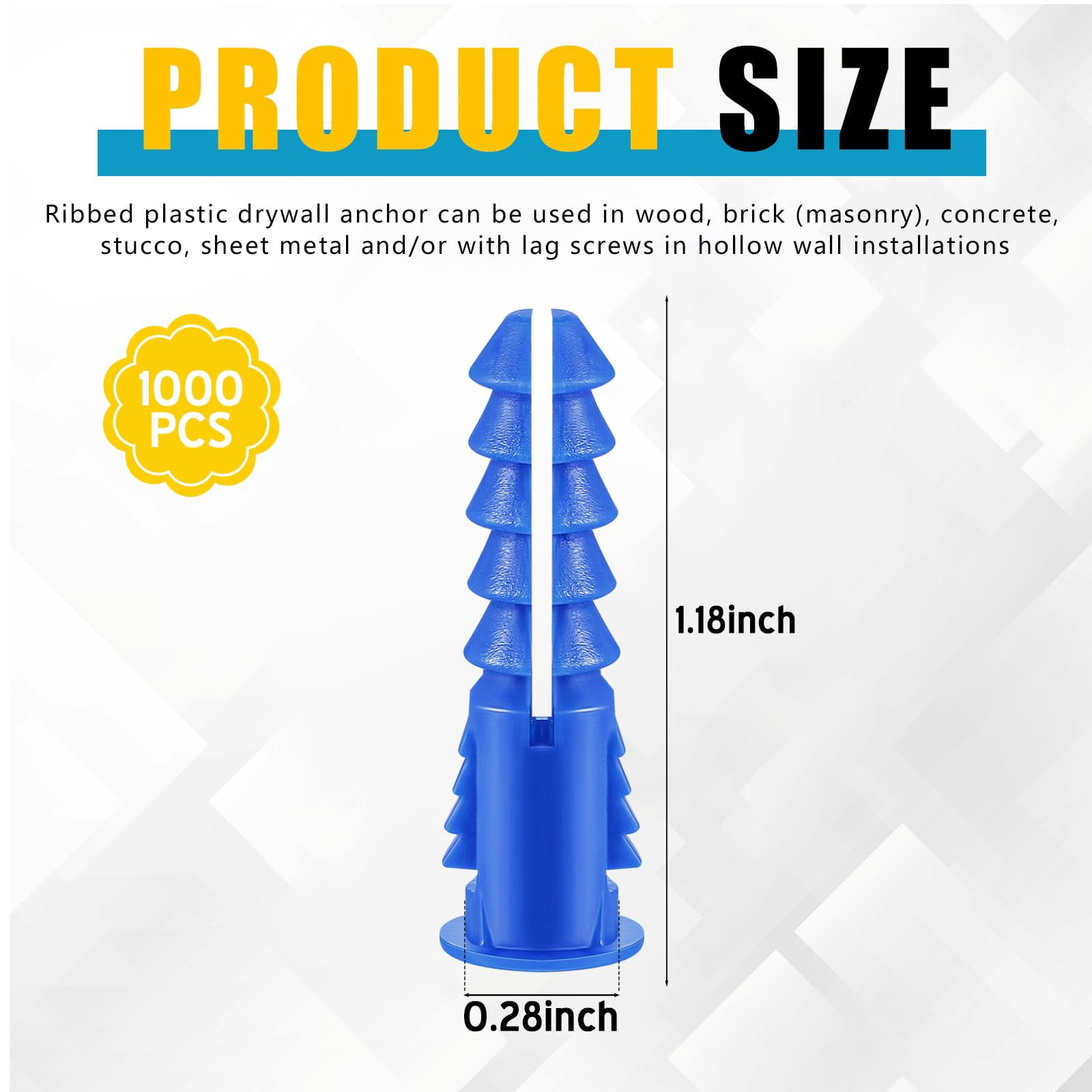 500 Pcs #8-10-12 x 1-1/4 Inch Ribbed Lightweight Plastic Anchors Drywall Anchors for Hollow Walls Pictures Artwork Decor Light Duty Anchoring Application (Blue)