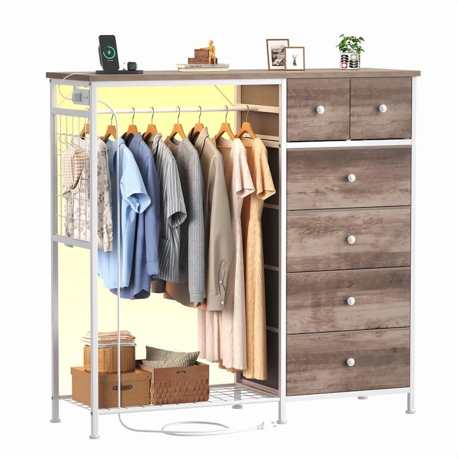 Kelno 6 Drawer Dresser with Hanging Rack LED Lights Charging Station Fabric Closet Organizer Storage Tower, Oak Greige