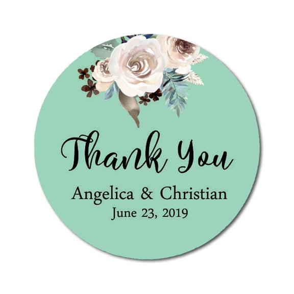 Darling Souvenir Round 45 Pcs Rose Floral Thank You Stickers Personalized Bride Groom Names And Date Envelope Seals-MInt