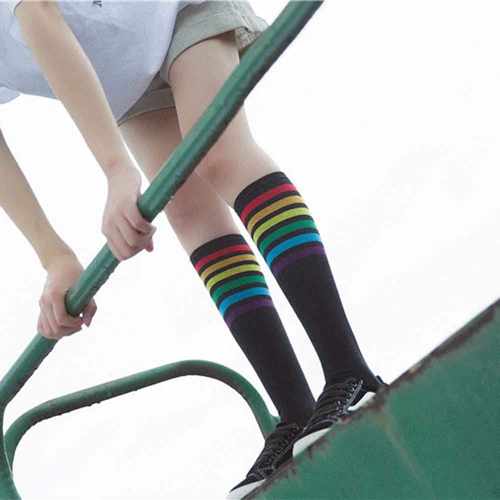 1Pair Thigh High Socks Over Knee Rainbow Stripe Girls Football Socks ...