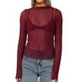 thumbnail image 3 of Women Sexy- See Through Long Sleeve T-Shirts Mesh Sheer Skinny Rib Scalloped Trim Tees Blouse Top Outfits Wine Red L, 3 of 8