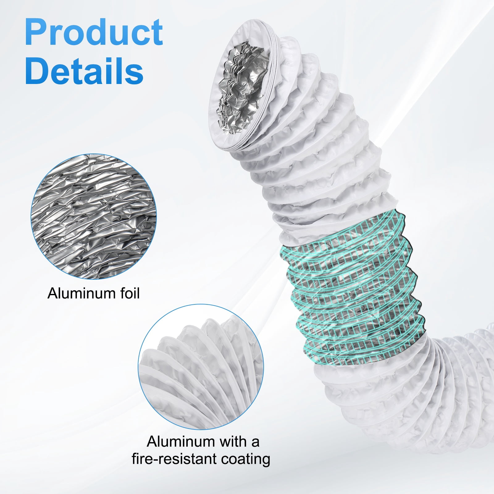 Uxcell 5 Inch Air Duct, 25Ft Length Dryer Vent Hose Flexible Aluminum Ducting for HVAC Include 2 Clamps, White