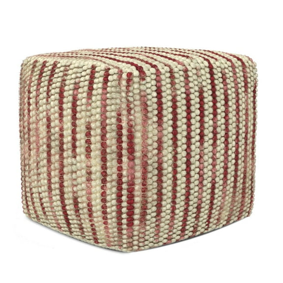 Simpli Home Zoey Boho Cube Woven Pouf in Maroon Cotton and Wool
