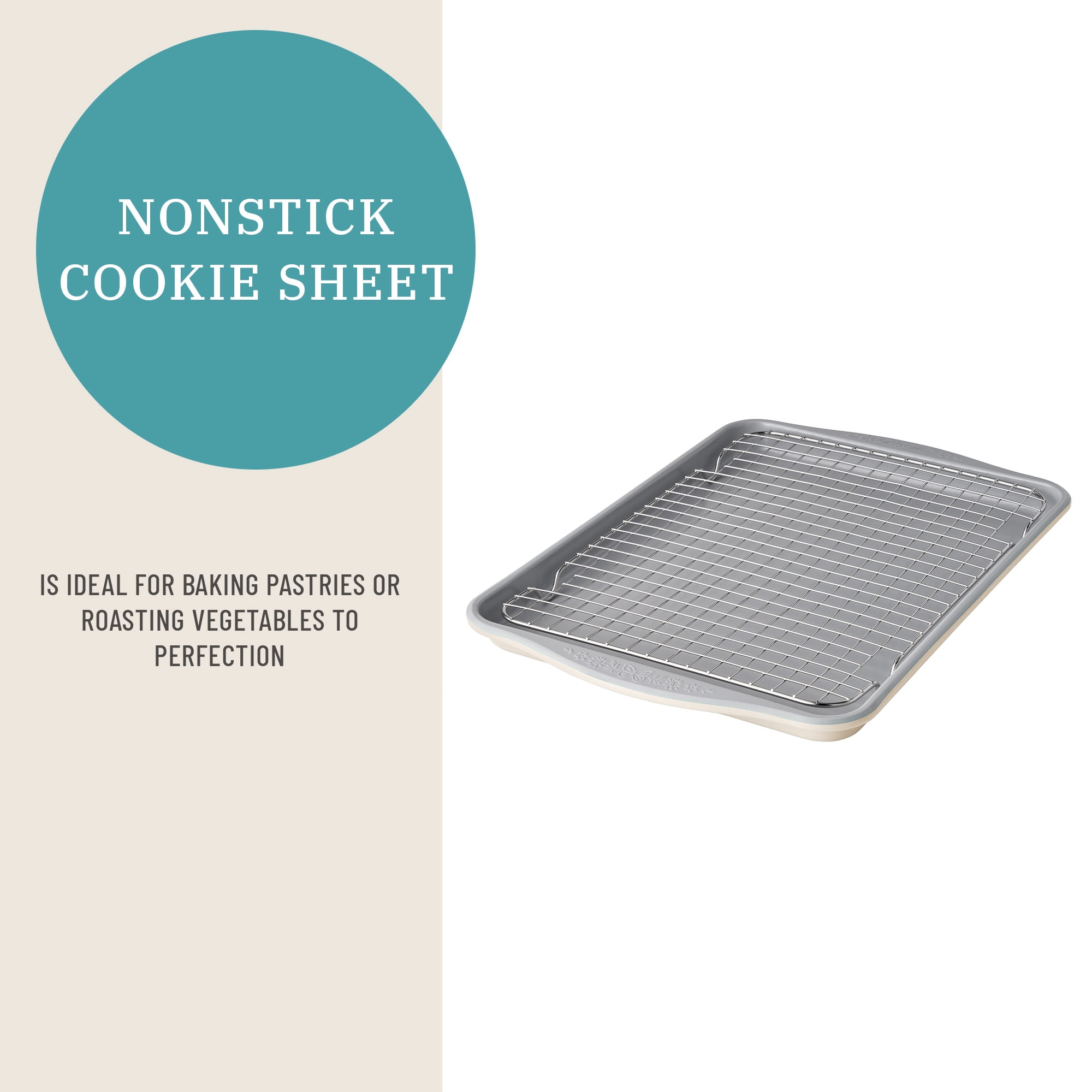 The Pioneer Woman Sutton 17-Piece Ceramic Cookware Set with Strainer Lids and Cookie Sheet with Rack, Cream