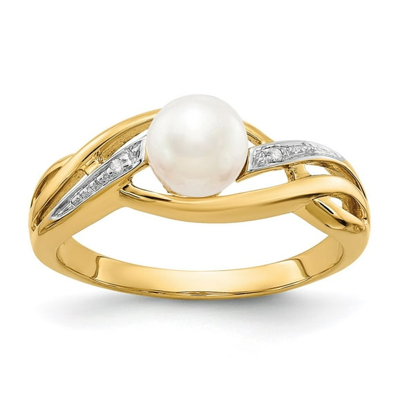 14K Yellow Gold Ring Band Pearl Diamond Round Freshwater, Size 6