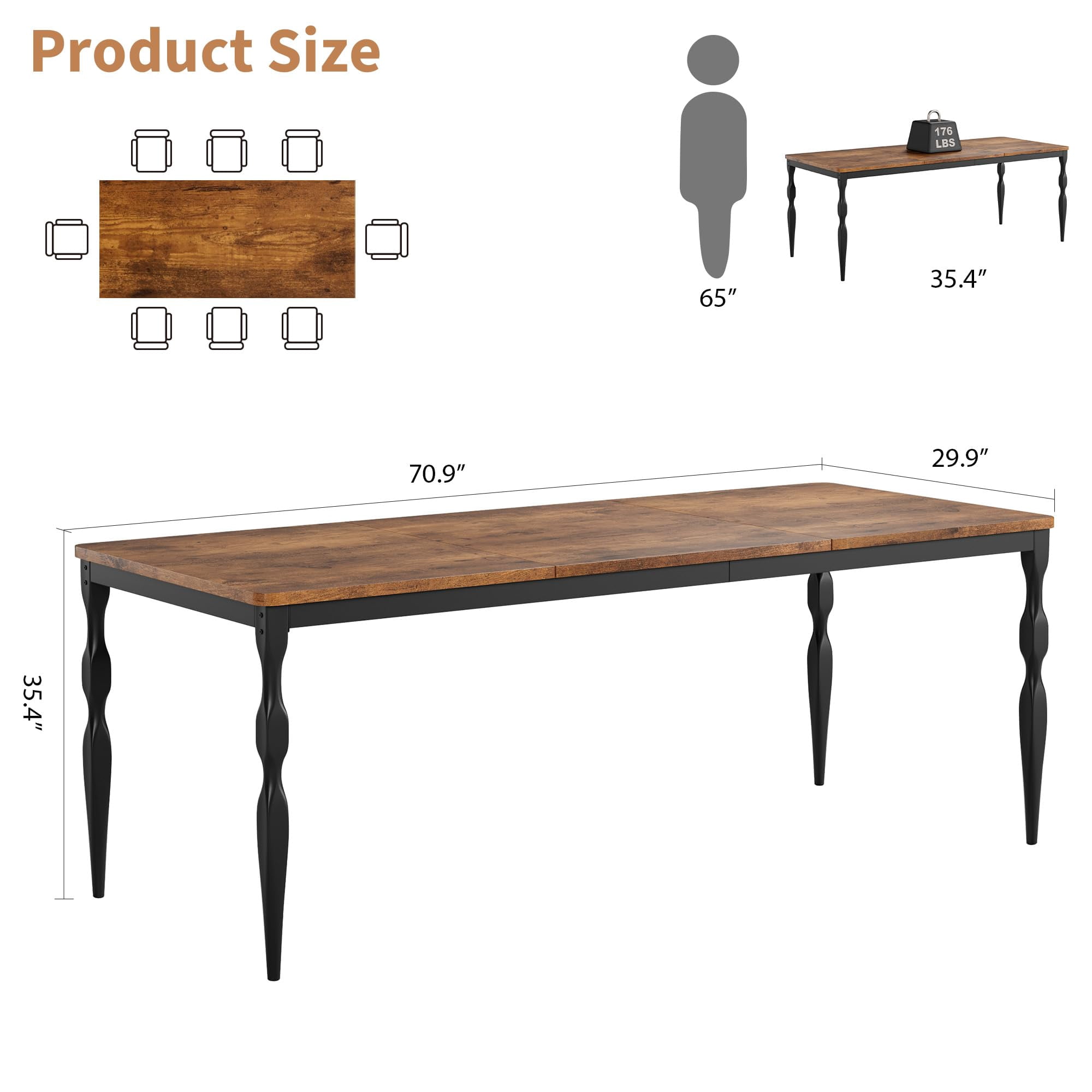 M optimized 71" Long Dining Table for 6, Farmhouse Rectangular Kitchen Table with Tabletop, Wooden Dining Room Table with Heavy Duty Legs