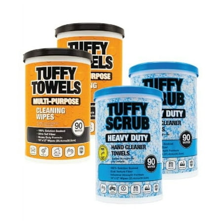 Citrus Cleaning Wipes Tuffy Towels Heavy Duty Scrub 10 x 12 in 4 Pack Combo  - Heavy Duty Scrub and Multi-Purpose - 90 Wipes Each Container 360 Wipes