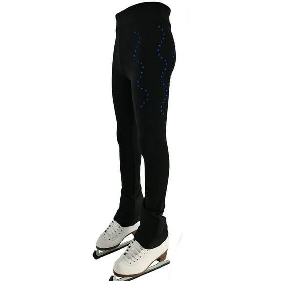 LIUHUO Customizable Ice Skating Training Pants Polyester Black with Blue Wavy Rhinestone Line Decoration