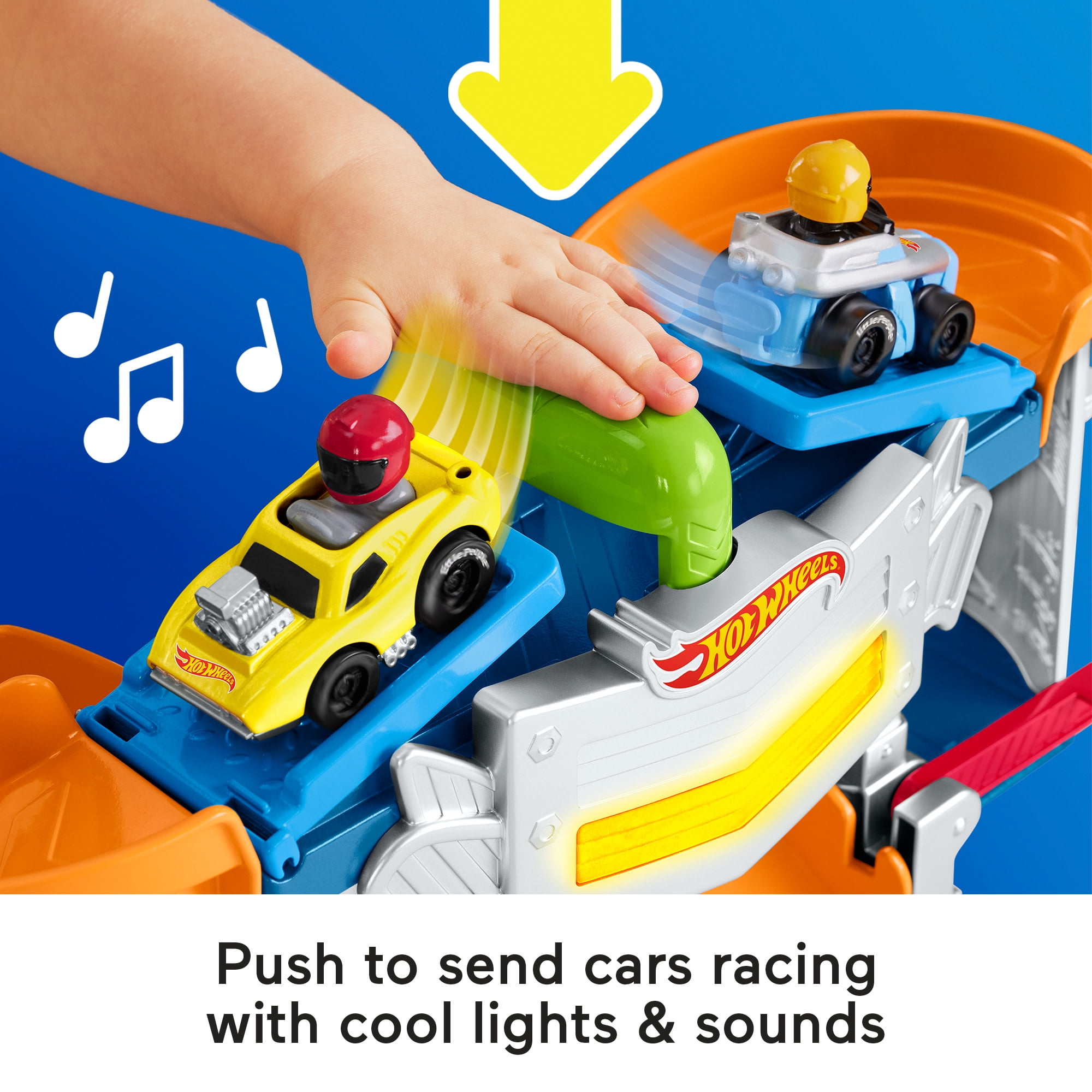 Fisher-Price Little People Hot Wheels Race Track for Toddlers, Race and Go Track Set, 2 Cars