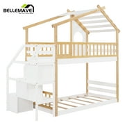 Bellemave Twin over Twin Bunk Beds with Storage Stairs,Guardrail, Window and Roof, Twin Bunk Bed House Bunk Bed/Low Bunk Bed(Natural)