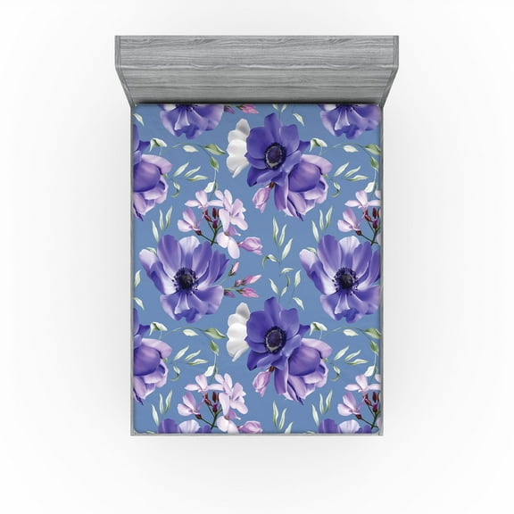 Ambesonne Floral Fitted Sheet, Botanical Romantic Flowers, Full Size, Cadet Blue and Violet