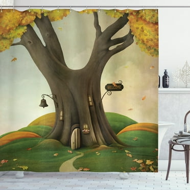 Tree Shower Curtain, Fantastic Style Cosy Tree Trunk House with Defoliated Autumn Leaves Piles, Fabric Bathroom Set with Hooks, 69W X 84L Inches Extra Long, Sepia and Lime Green, by Ambesonne