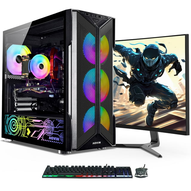 AQVIN Gaming Desktop PC Tower Computer -RTX 3050 6GB GDDR6 Video Card (HDMI), Hexa Core i7 Processor Upto 4.6Ghz, 32GB DDR4 RAM 1TB SSD Storage, 24 inch Gaming Monitor,RGB Fans, Windows 11 Pro-Black