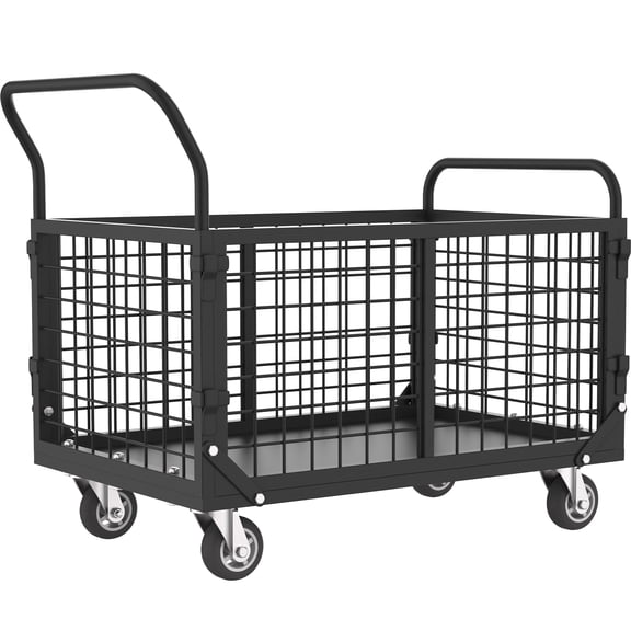 HOHYN Heavy Duty Utility Cart, Platform Truck with Cage, 1800 LBS Load Capacity, 6-in-1 Multi-Purpose Foldable Hand Truck with 4 Wheels for Grocery, Laundry, Garage, Warehouse (Black)