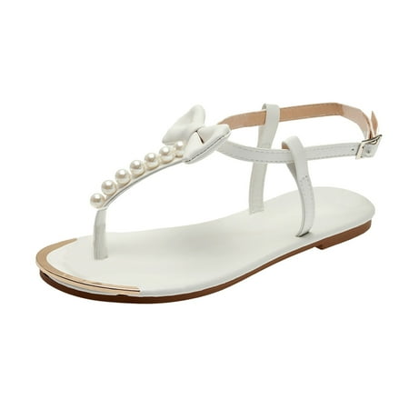 

Thong Sandals with T-Strap Open Toe Pearl Bow Elastic Ankle Flat Sandal for Women