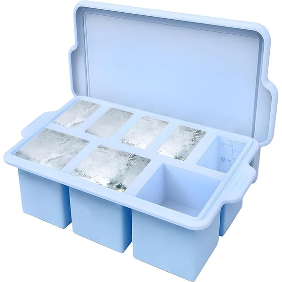 Silicone Ice Cube Tray with Lid 8-Cavity Reinforced Steel Frame Ice Cube Trays Easy Release BPA-Free Makes 3 Large Square & 5 Small Rectangular Ice Trays for Cocktails Whiskey Coffee,Blue