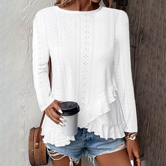 Womens Plain Tshirts Women Fashion Casual Solid Long Sleeve Crew Neck T Shirt White L