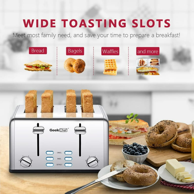 CYETUS 4 Slice Toaster, Long Extra Wide Slots, Stainless Steel, Bread  Toasters with Removable Tray, 7 Shade Settings, True Bagel Function, Dual