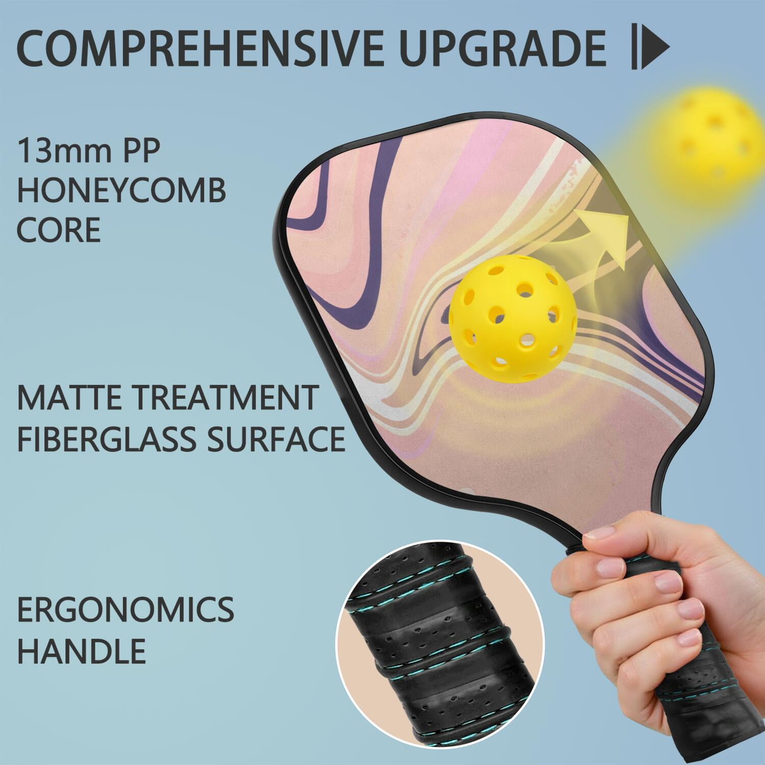 Pickleball Paddles Set Of 2, Fiberglass Surface, Liquid & Marble Print, 4 Balls & Bag