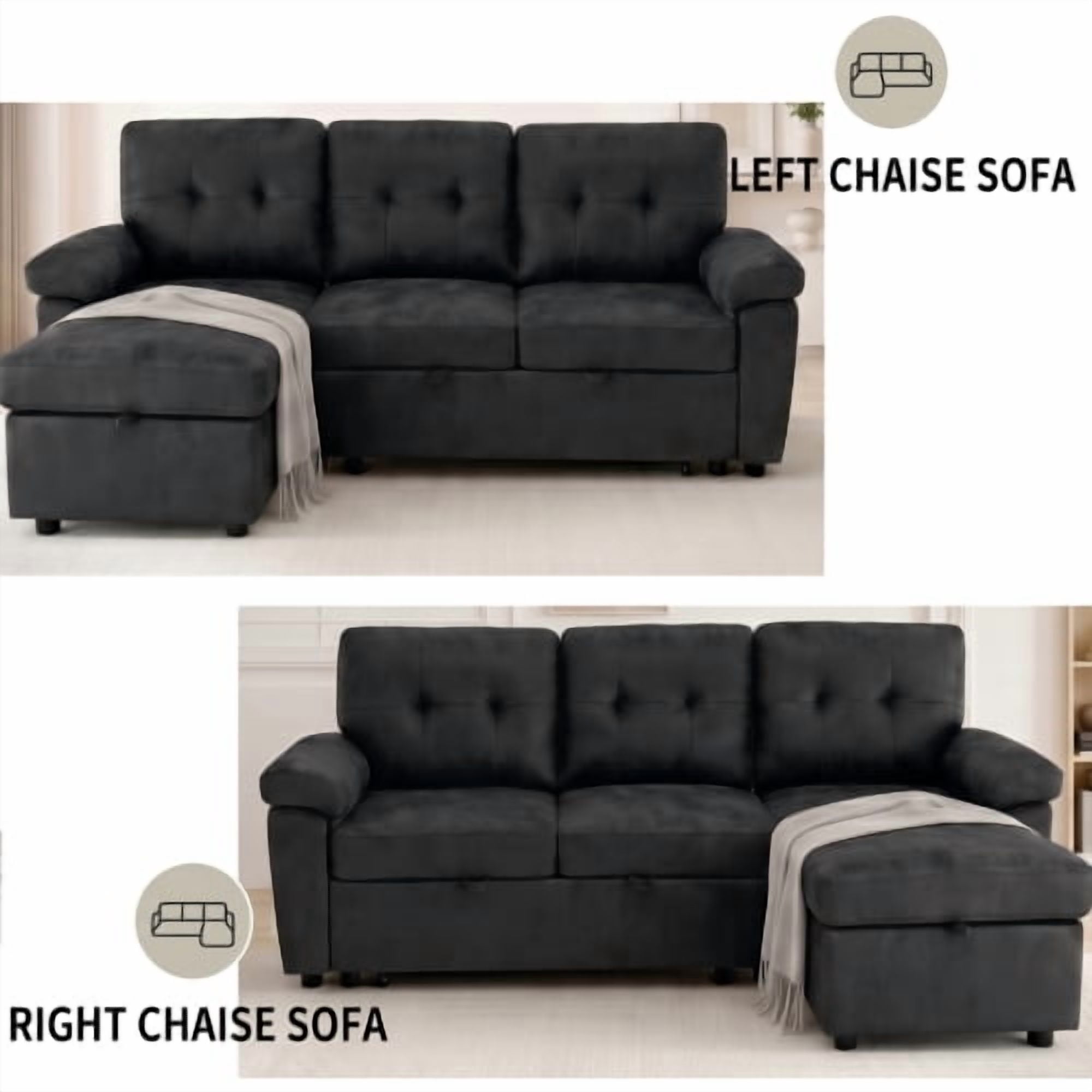 88.5" Convertible L-Shaped Pull-Out Sectional Sofa Bed with Storage Chaise & Soft Padded Armrests, Foil Fabric Upholstery, Black