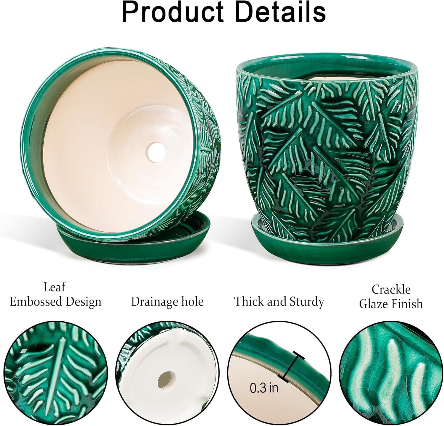 EFISPSS 6 inch Green Ceramic Plant Pots with Drainage & Saucer, Natural Boho Crackle Glaze, Indoor/Outdoor Flower Planter, 4 Pack