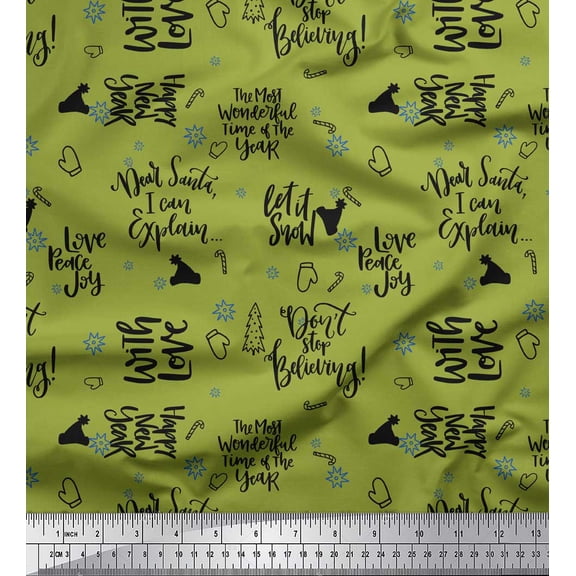 Soimoi Green Georgette Viscose Fabric Christmas Tree & Love Peace Joy Text Decor Fabric Printed Yard 42 Inch Wide