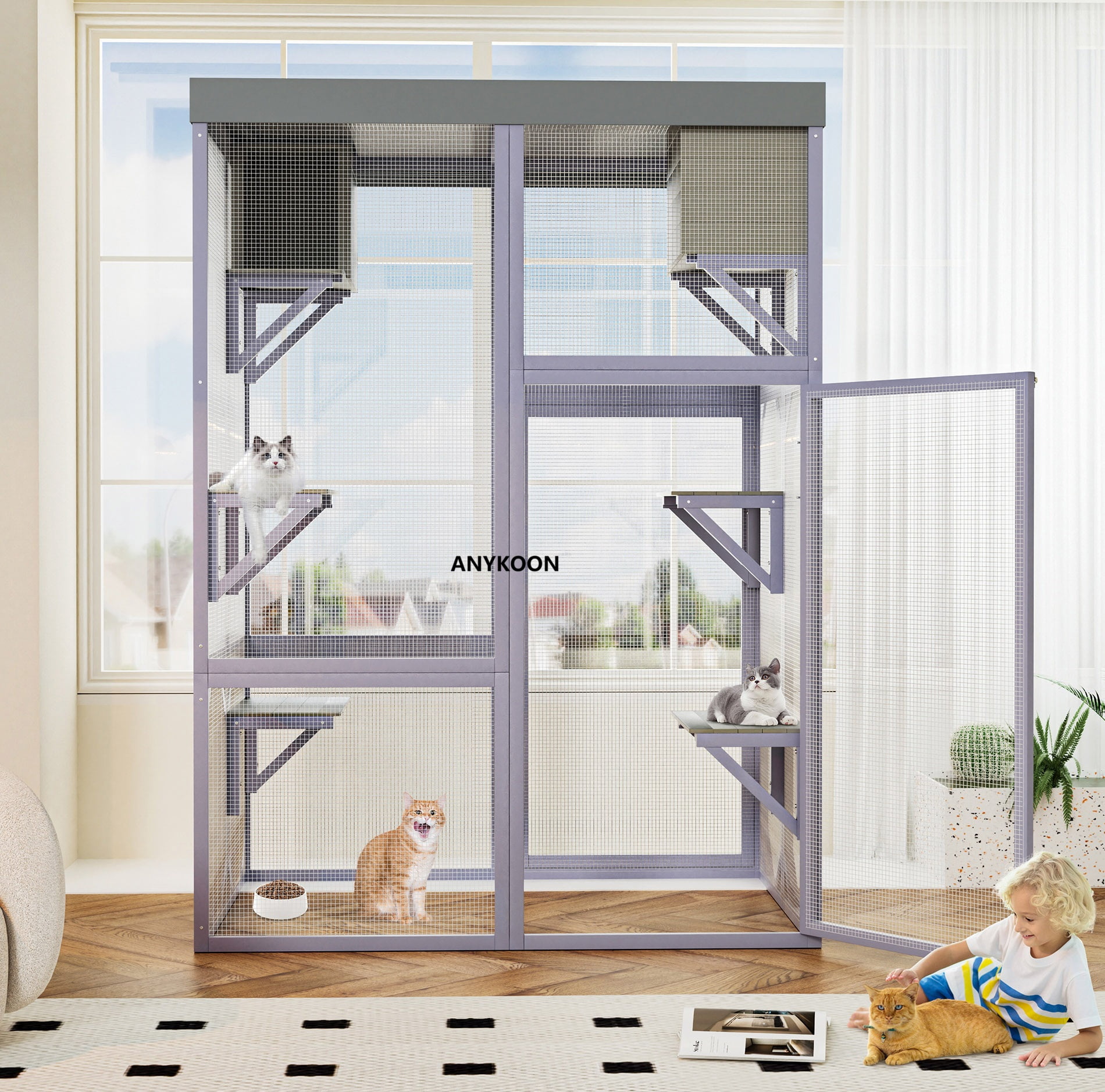ANYKOON Large Outdoor Cat Enclosure Wooden Catio with 2 Houses & 4 Platforms, Safe Lockable Indoor/Outdoor Cat Cage for Play & Rest
