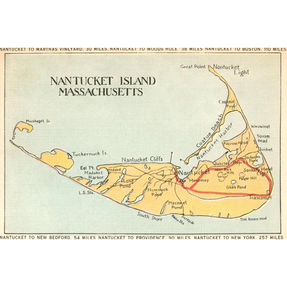 Art.com Map of Nantucket Island, Massachusetts Art Print, 36" x 24"