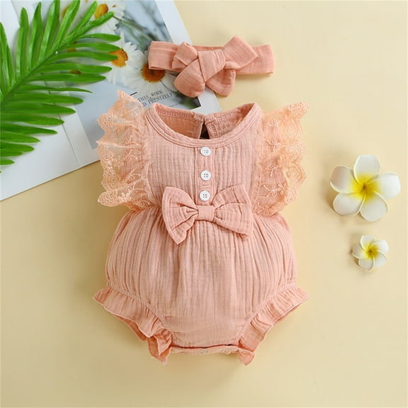 Girls Romper Trendy Baby Outfit Elegant Lace Design with Ruffles and Bow Detail for Headband Included Clothing