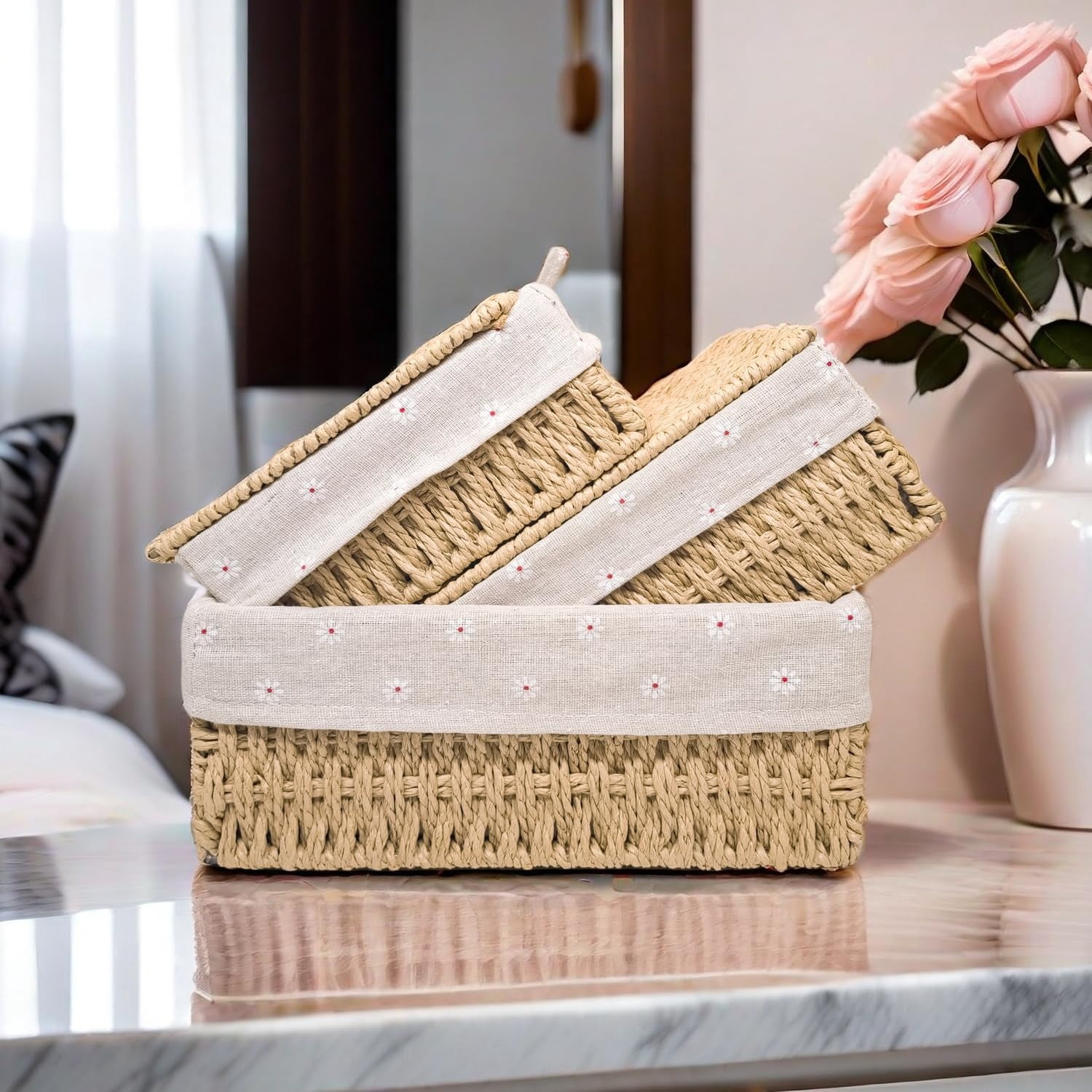 Small Storage Baskets with Lid, Kvago Set of 3 Size Storage Box, Paper Rope Storage Bin with Removable Liner and Metal Frame for Toys Cosmetics Bedroom Closet Desk Organizer (Beige)