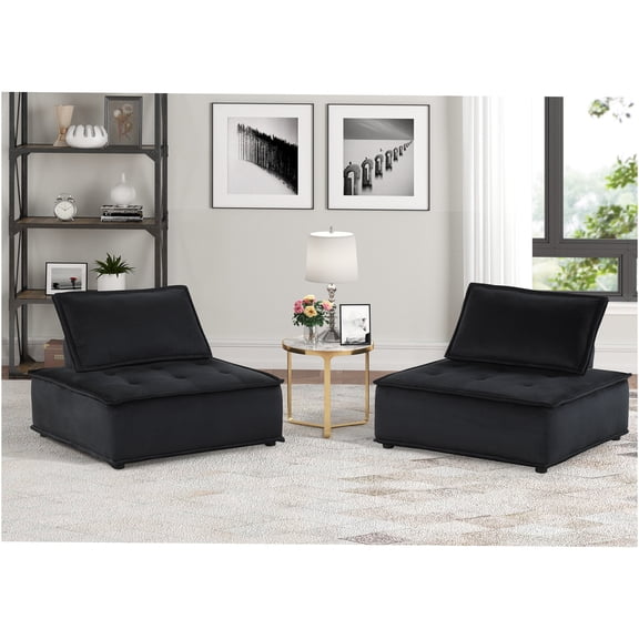 JERFIT Modern Velvet Armless Accent Chair Set of 2, Black Upholstered Lounge Slipper Chairs for Living Room, Bedroom