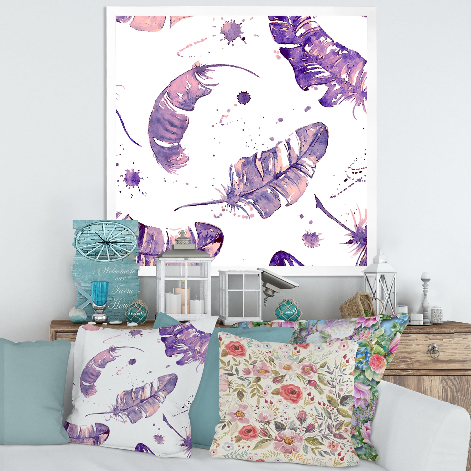 Designart 'Ethnic Purple Feathers Composition' Bohemian & Eclectic Framed Art Print