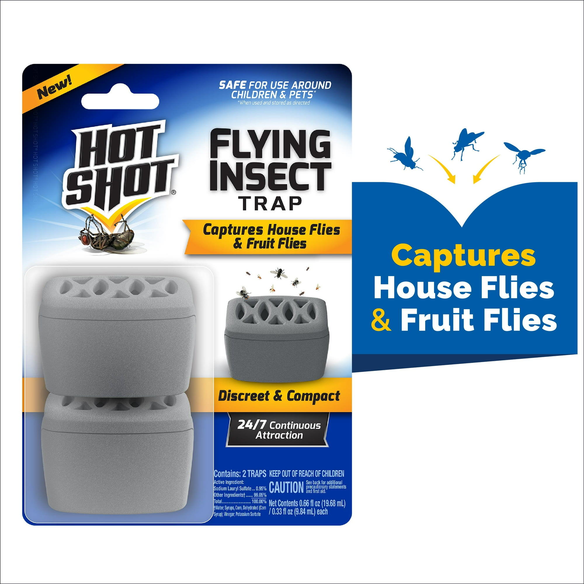 Hot Shot Flying Insect Trap, Captures Fruit & House Flies, 2 Count