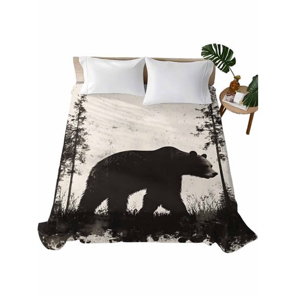 Black Bear Flat Sheets Only Twin XL Size, Soft Breathable Bed Top Sheets for Mattress, Vintage Forest Cabin Animals Silhouette Luxury Bedding Flat Sheets for Home Hotel Bedroom Bed Protection