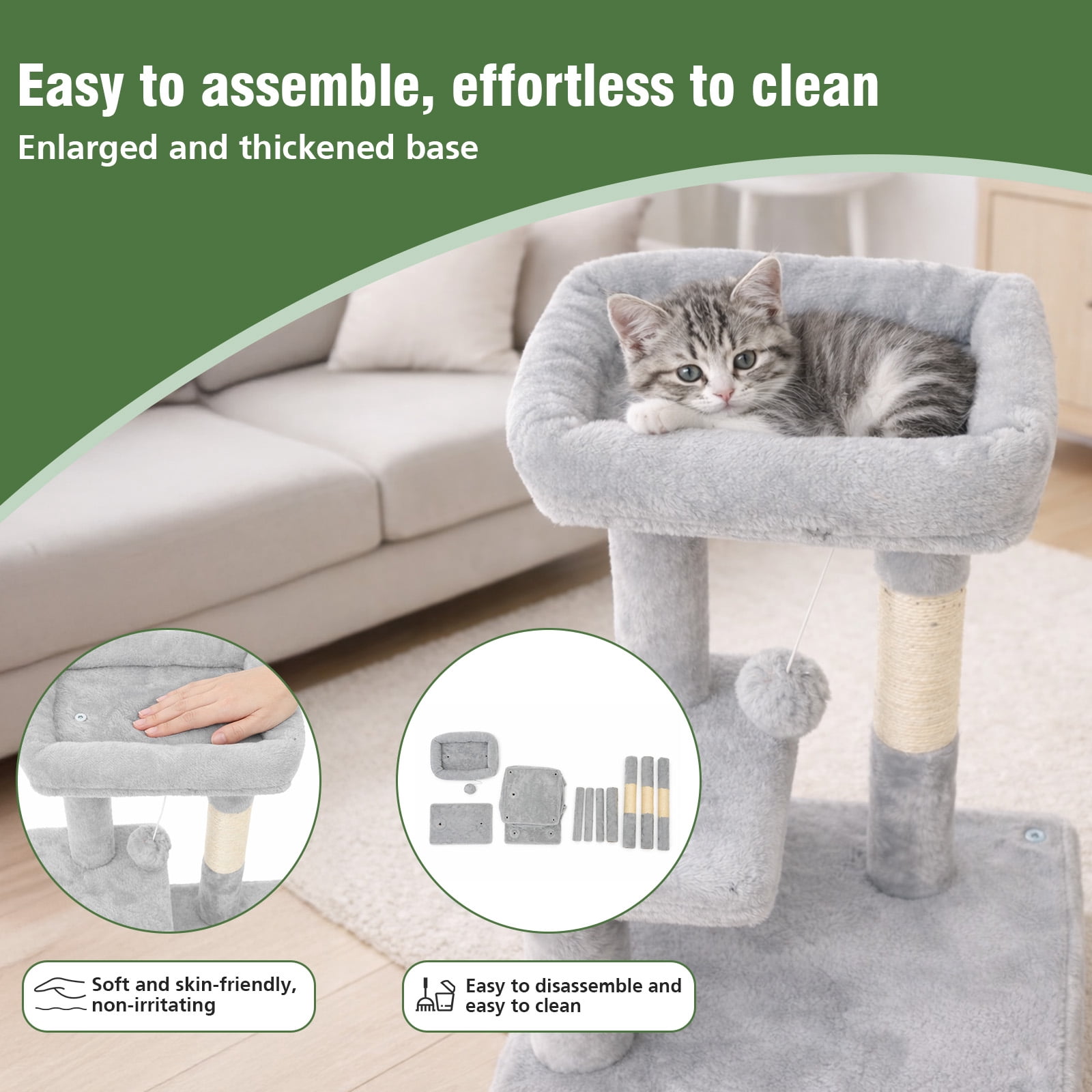 Samll Cat Tree, Multi-Level Cat Tree Tower with Sisal Scratching Posts, Condos, Plush Perches, Hanging Cat Toys, Light Gray
