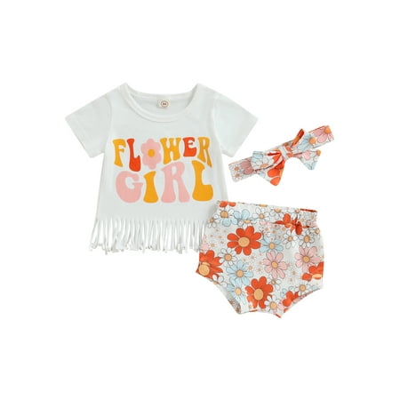 

Wassery Infant Baby Girls 3Pcs Clothes Suit Short Sleeve Round Neck Tassels Tops Letters Print T-Shirt + Floral Shorts + Headband Summer Outfits 0-24M